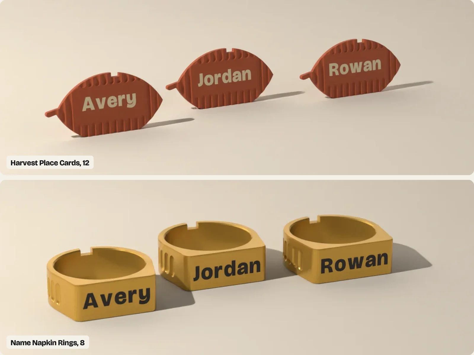 Host Set: harvest place cards in leaf, pumpkin and acorn shapes beside fluted name napkin rings