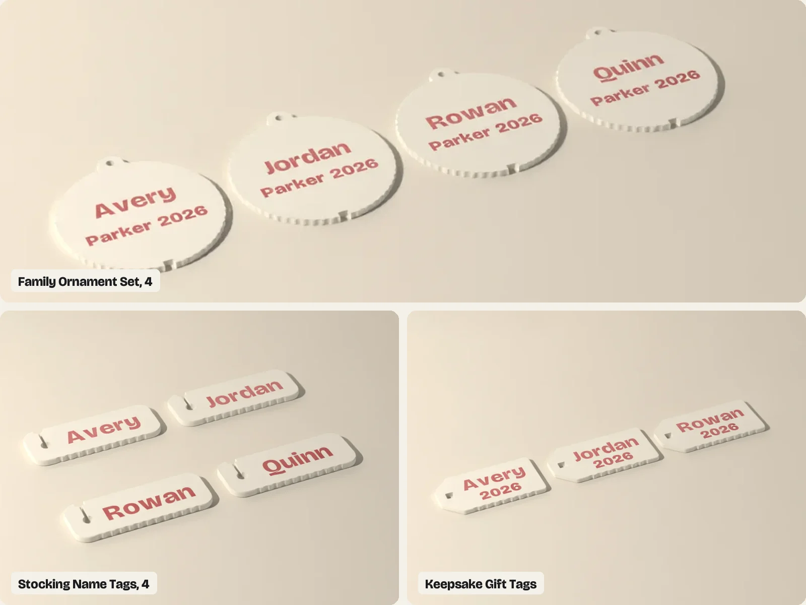 Complete the Tree: four family ornaments, four stocking name tags and six keepsake gift tags laid out on warm stone