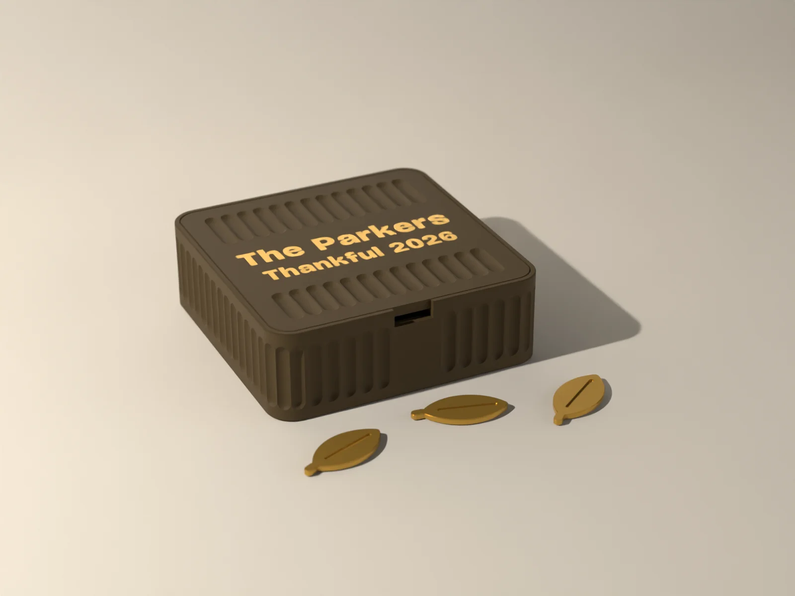 Gratitude box, three quarter view, the fluted walls and the keyway notch in the front rim