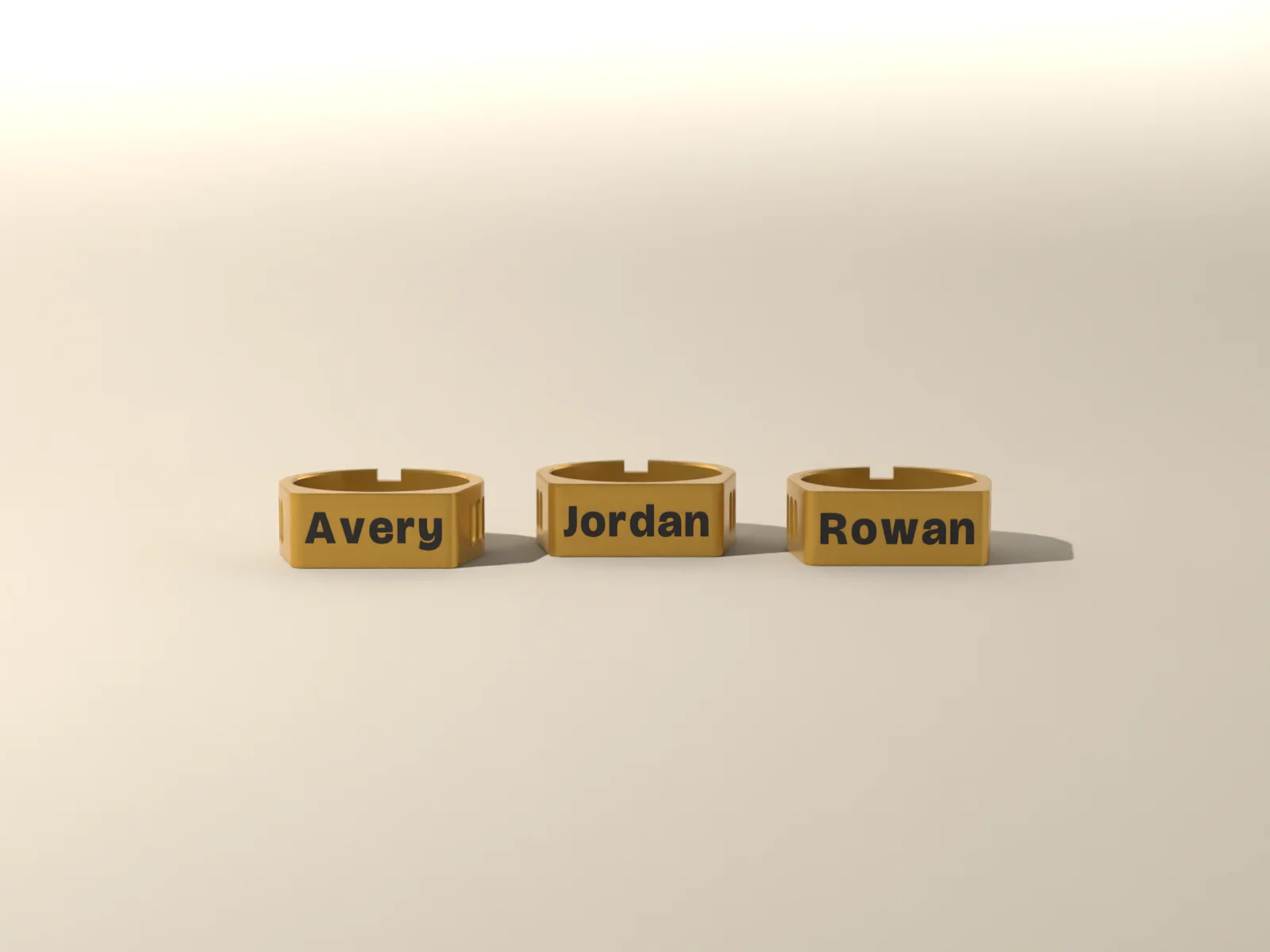 Name napkin rings from the front, each name inlaid flush in the flat panel