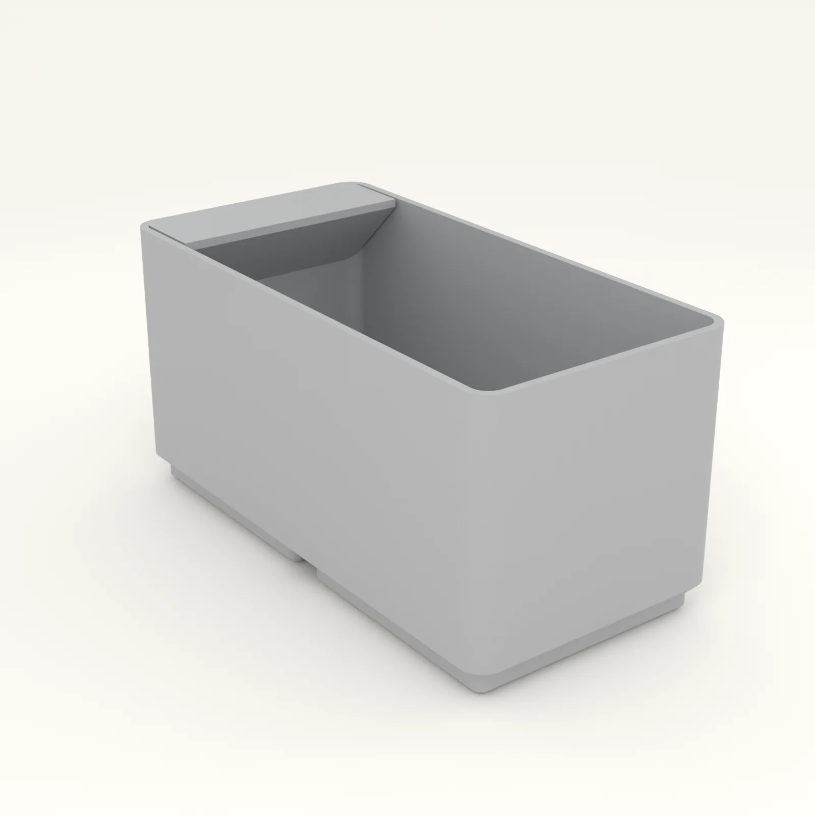 Three slate grey grid bins of different footprints on a 42 mm baseplate