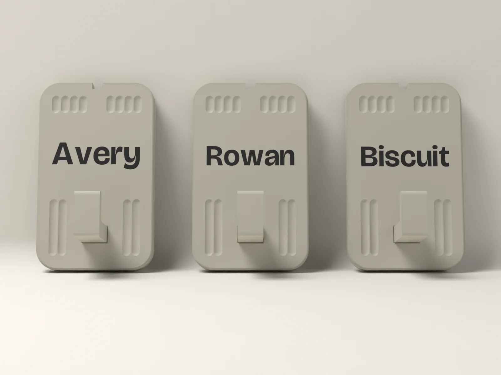 Named wall hooks from the front, one name inlaid flush on each tile