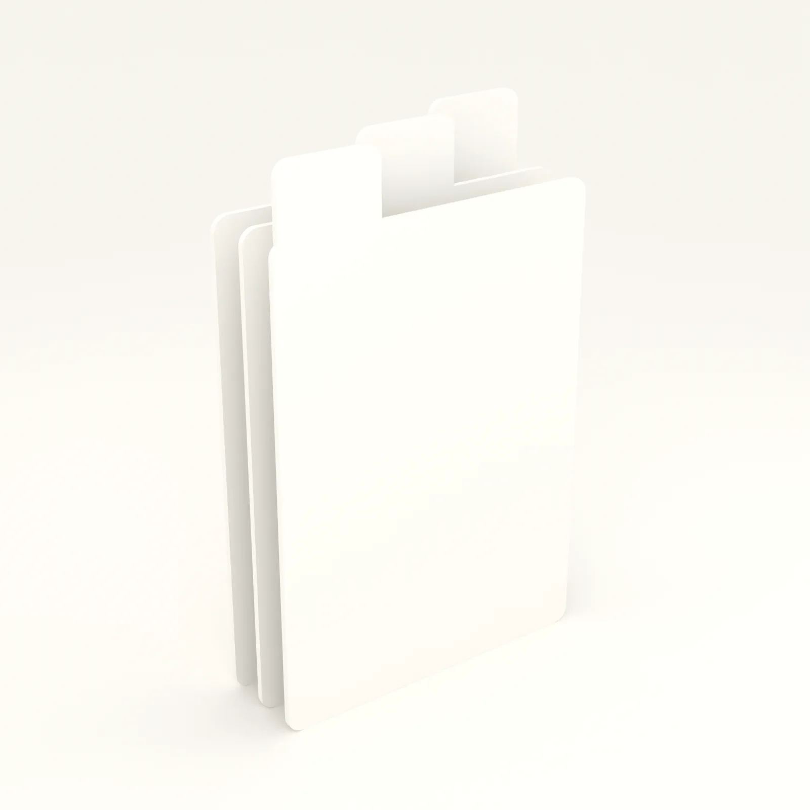 Ten white card dividers with offset tabs standing in a card tray