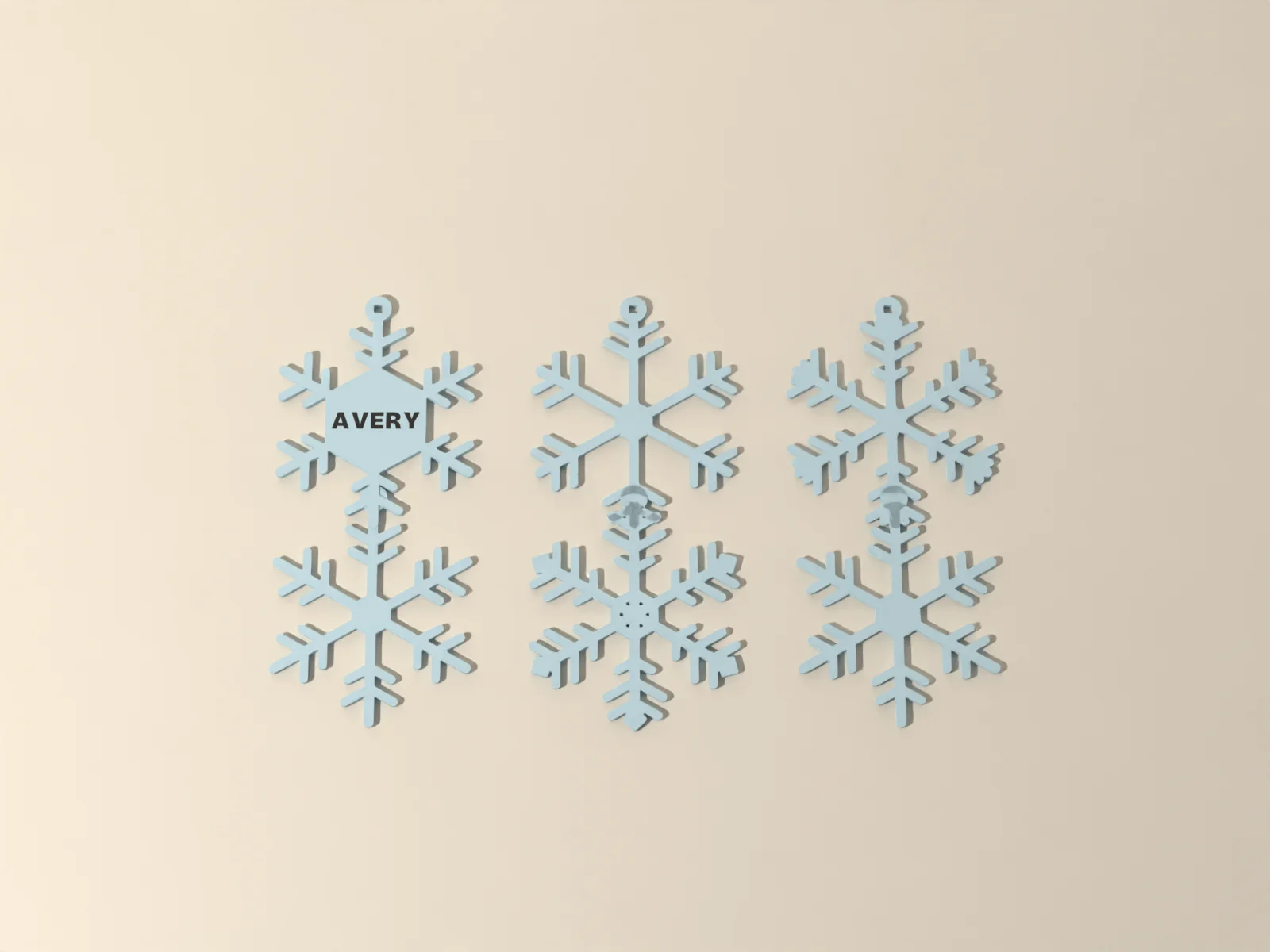 The named snowflake from the front, the name in the solid center