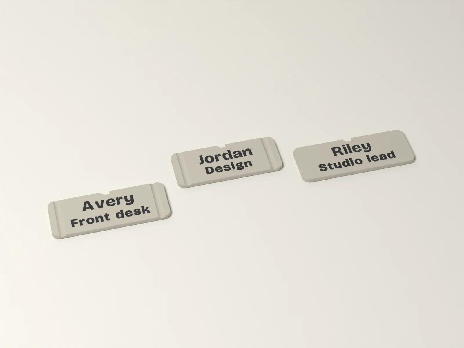 Name badges from above, the names and roles inlaid flush between fine flutes at each end