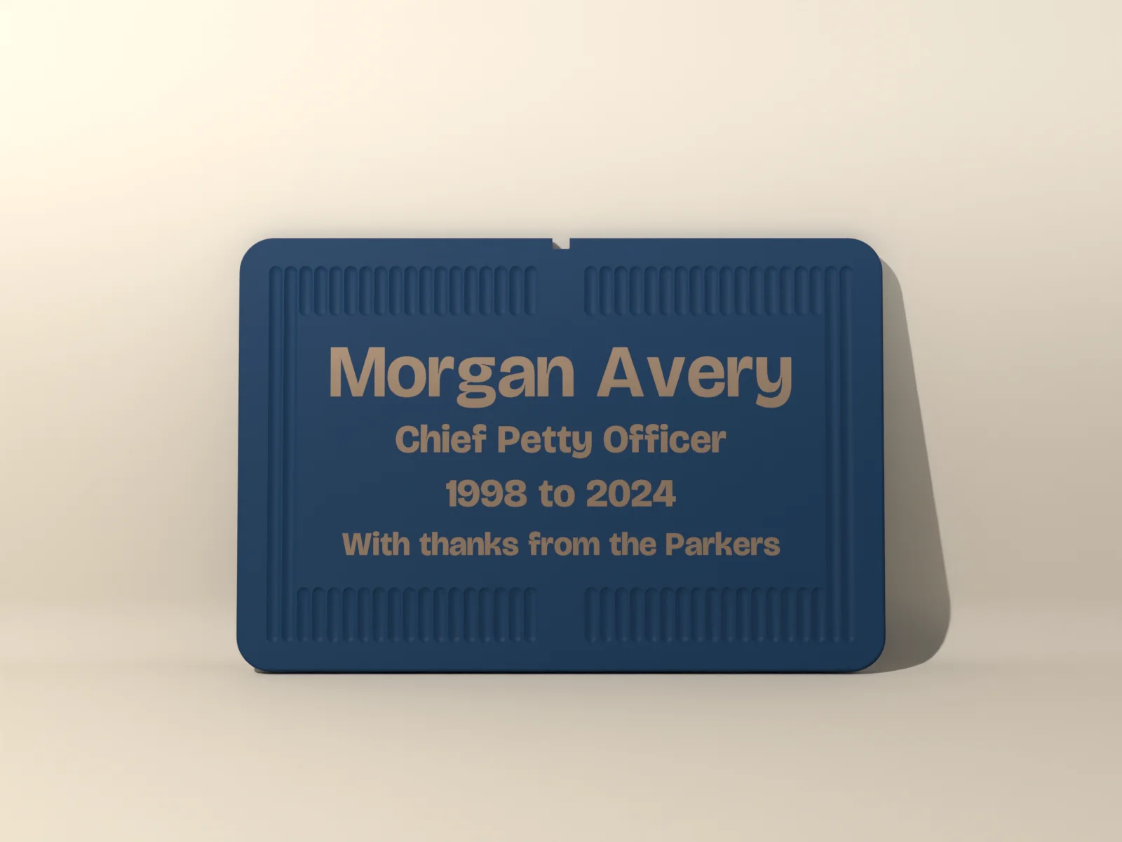 Service plaque from the front, four lines of lettering set into the smooth panel