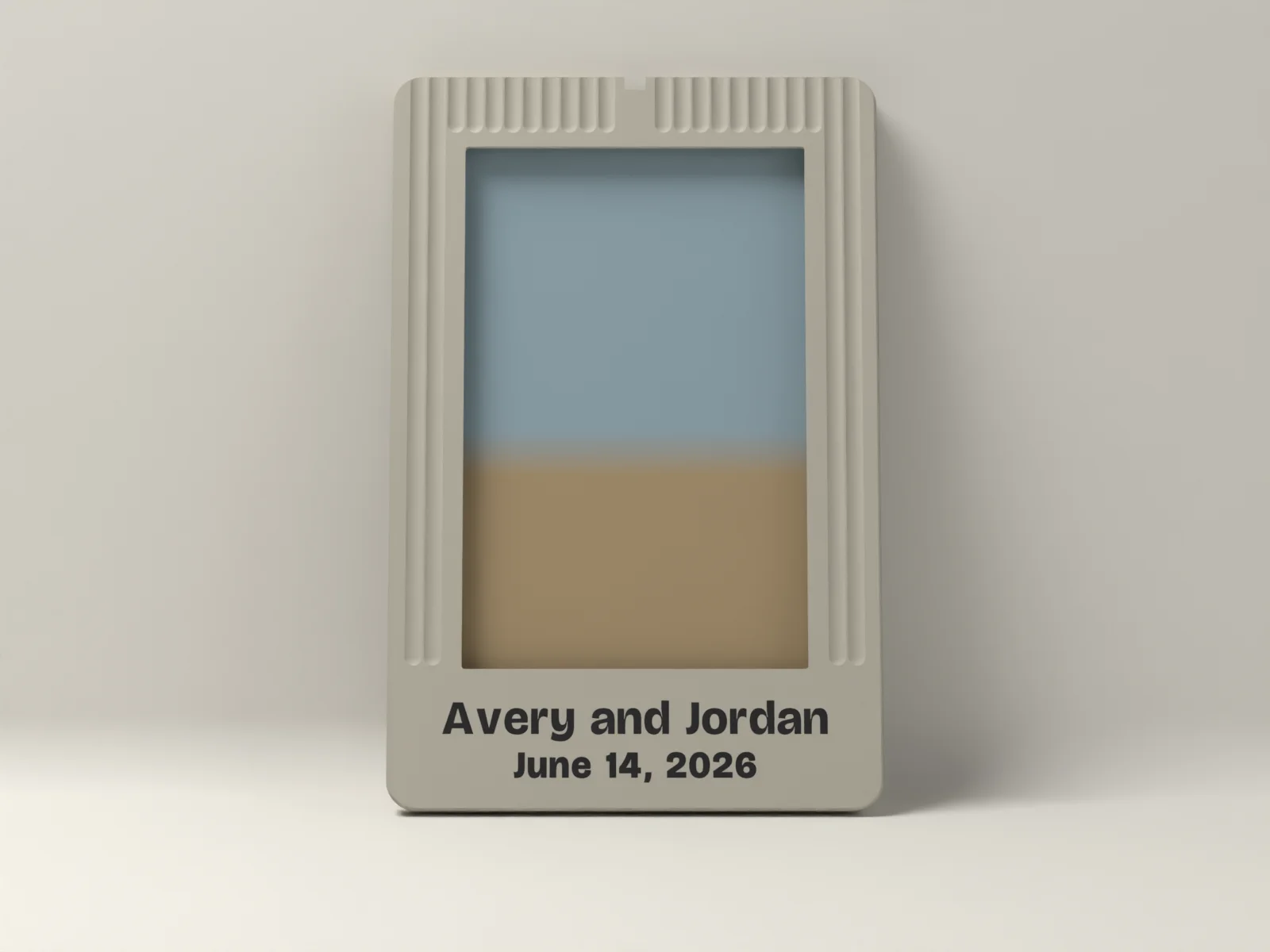 Picture frame from the front, the caption inlaid flush in ink on the smooth bottom rail