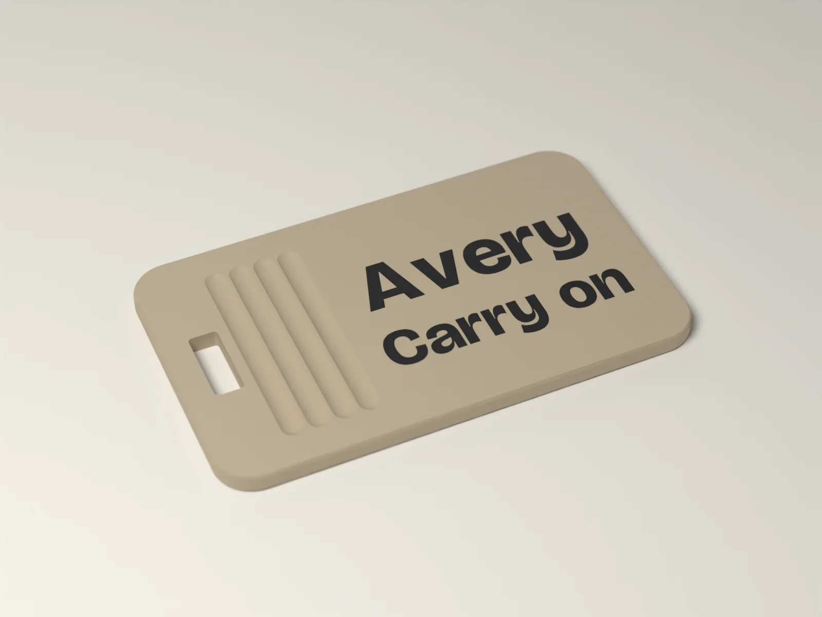 Luggage tag, three quarter view, showing the four flute field beside the square strap eye