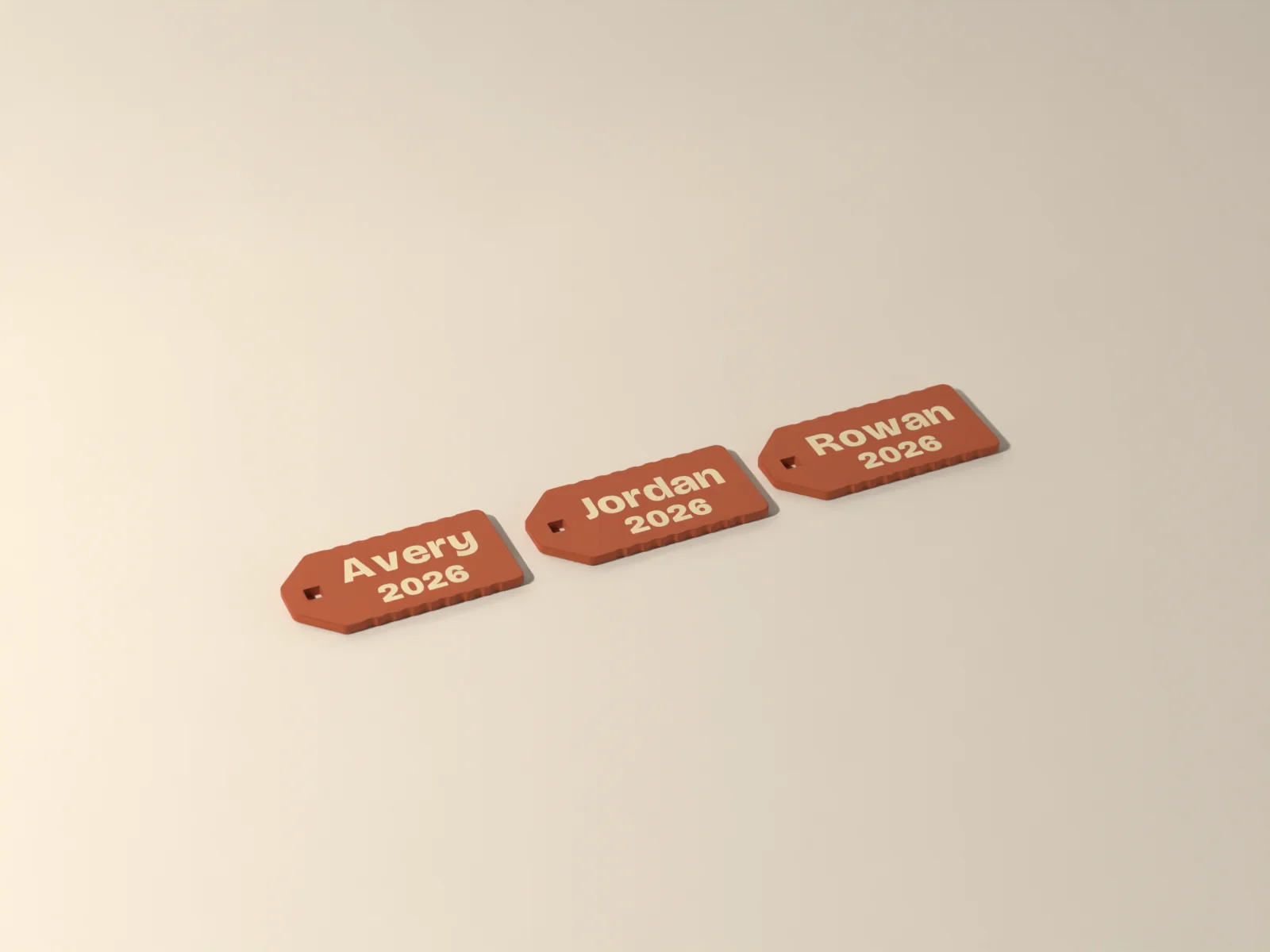 Six terracotta gift tags with names and 2026 inlaid in sand, each with a square ribbon hole at the point