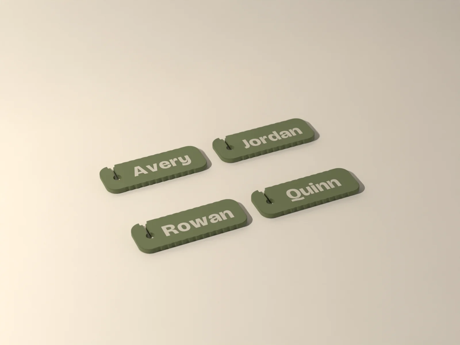 Stocking tag, three quarter view, the fluted edges and the clip slot