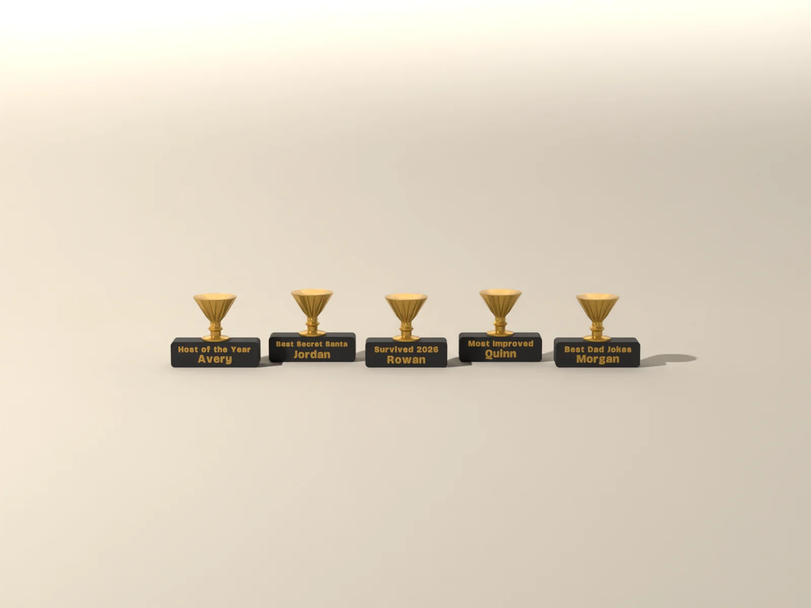 Year-end awards from the front, titles and names inlaid on each plinth