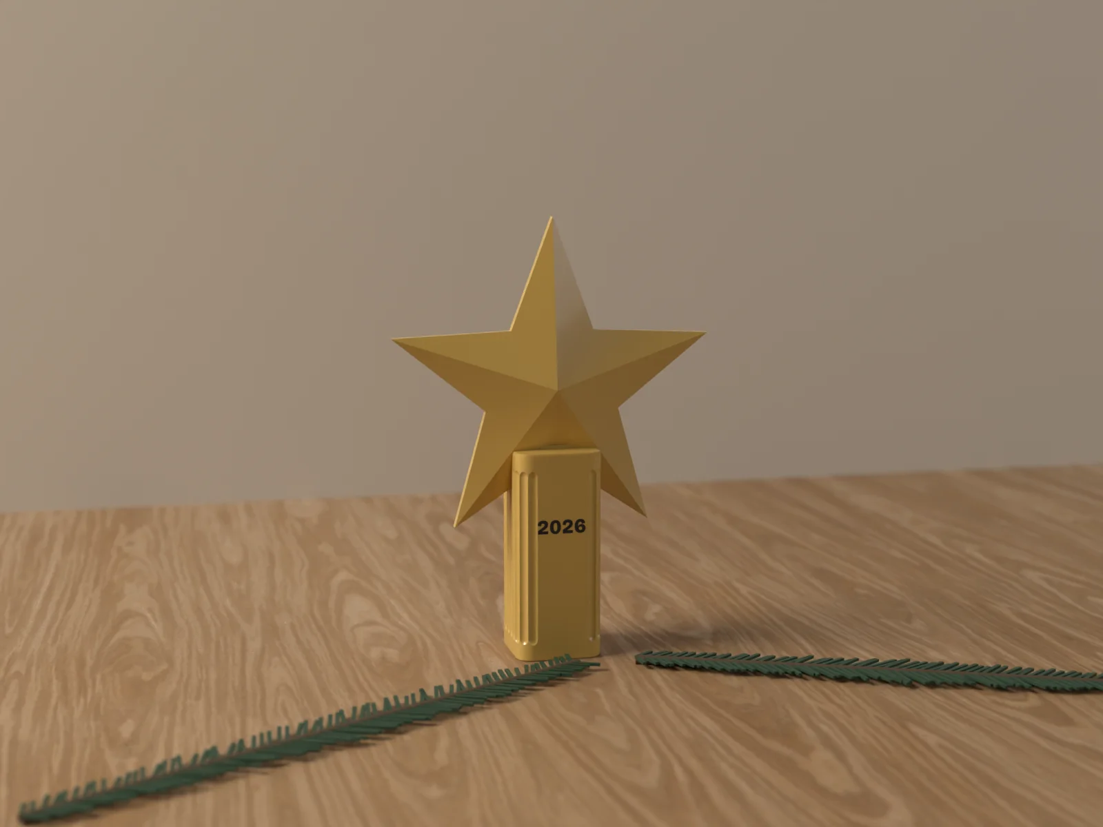 Silk gold star on top of a fir tree, warm string lights below