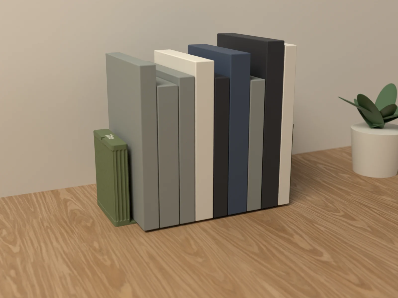Bookends holding a row of books on an oak shelf, a small plant beside them