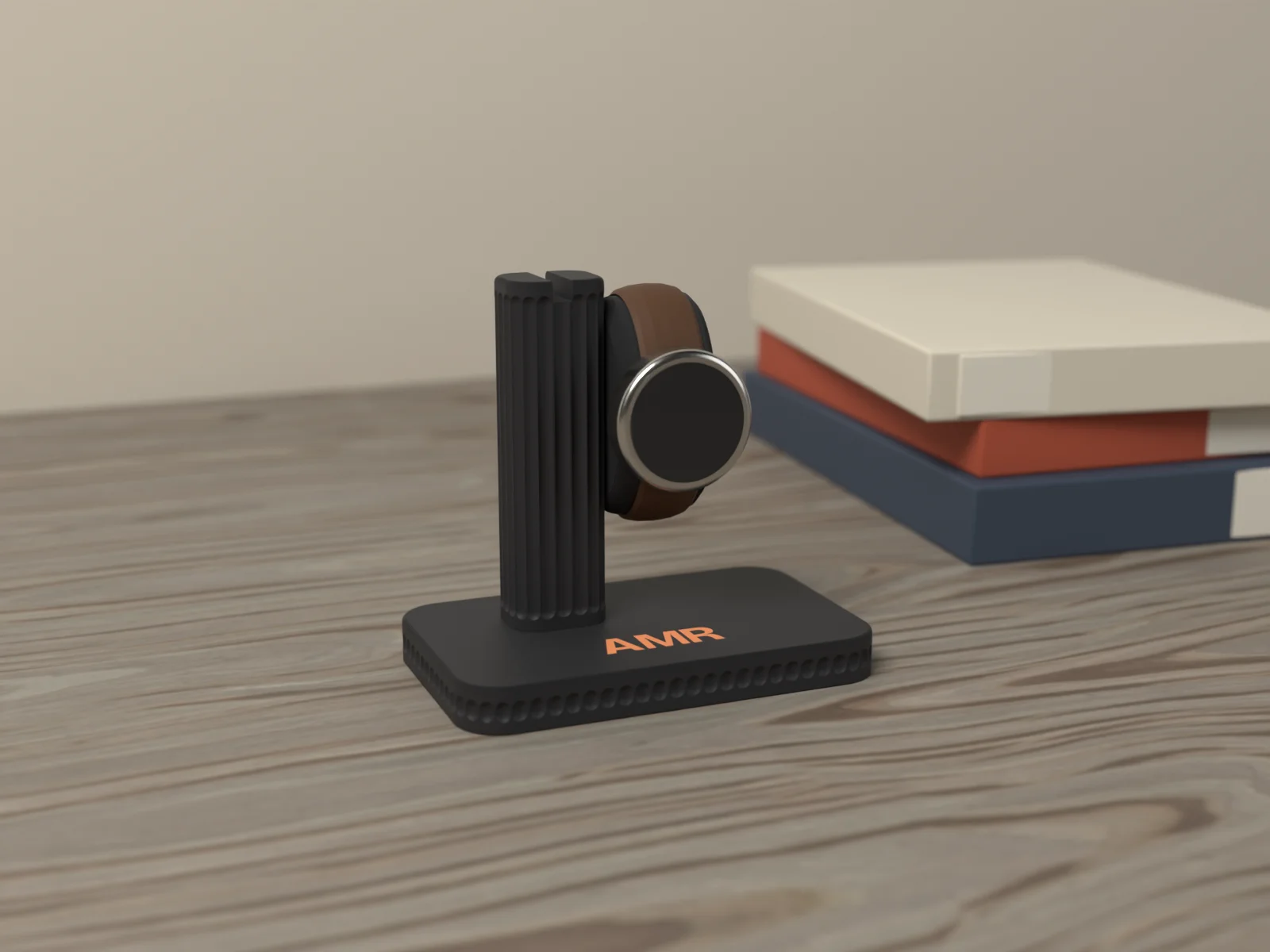 Watch stand with a watch on its pillow on a walnut desk beside books