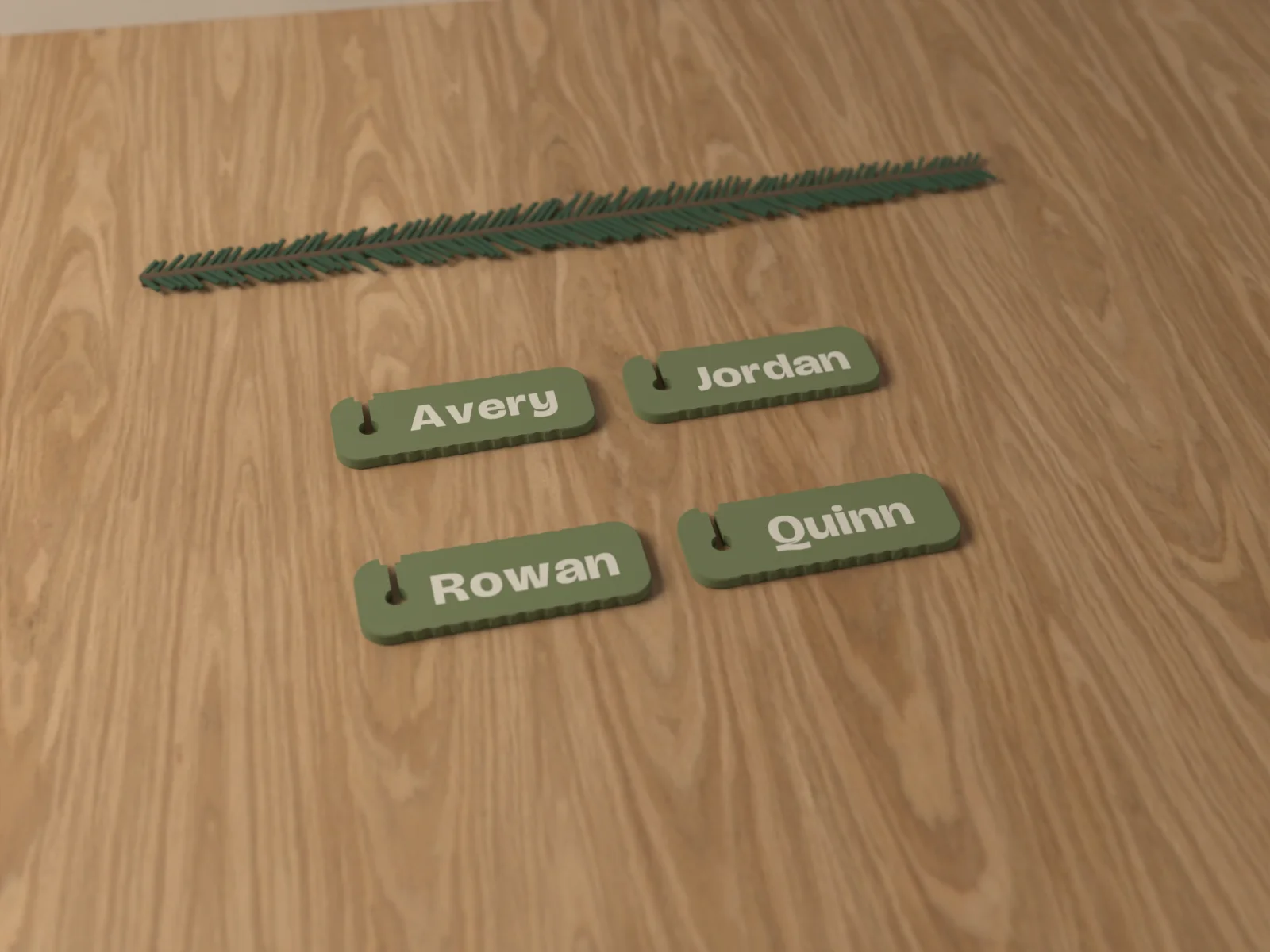 Stocking name tags clipped to the loops of knit stockings on a mantel